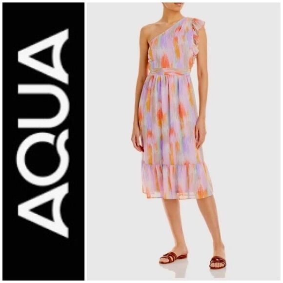 AQUA - NWT - 🎉3 X HP🎉 L Sz Small One-Shoulder Spring Print Midi Dress. ADORBS! - Picture 1 of 16